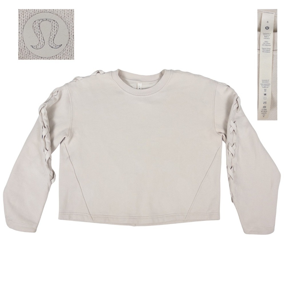 Lululemon Braided Sleeve Pullover Womens 8 White Opal Beige Cropped Sweatshirt